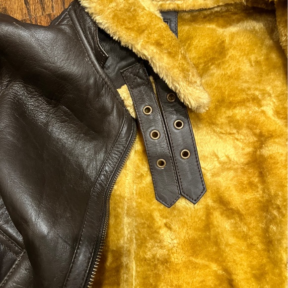 Sourock Brown Leather Jacket with Plush Shearling Collar Sz Large - Picture 10 of 10